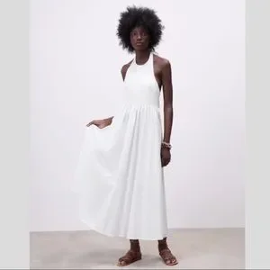 Zara | Dresses | Zara Poplin Tie Halter Neck Midi Dress